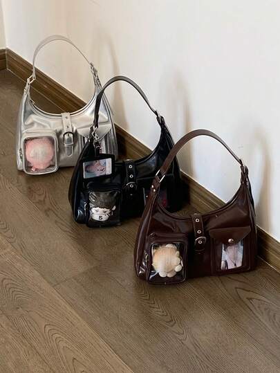 新款日系原创设计时尚休闲街头简约大容量新月形摩托车透明徽章斜挎包，适合日常购物、通勤、聚会、动漫展、节日礼物、单肩手提包