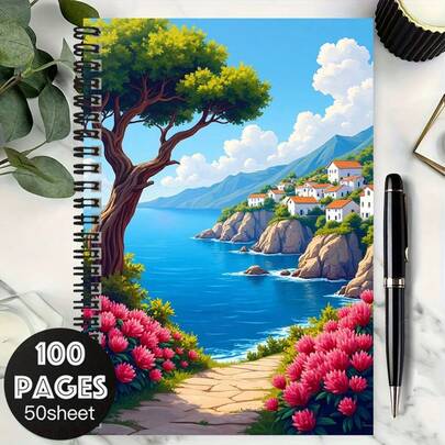 Quaderno a spirale con copertina a paesaggio in stile mediterraneo, 100 pagine, minimalista e pratico, adatto per scuola, lavoro, pianificazione quotidiana e scrittura di diari. Ottimo regalo per laurea, compleanno e altre occasioni.