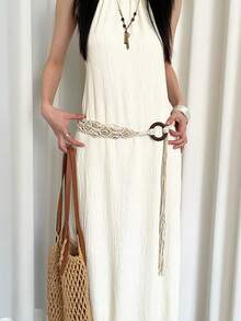 1pc Women's Beige Polyester Bohemian Sea Shell & Wooden Bead Woven Waist Rope - Beige - View 5
