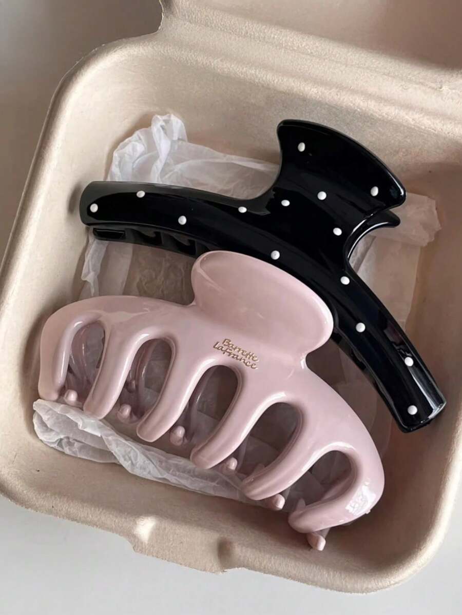 2件套女士黑色波点一体式爪夹，粉色骨形爪夹组合，时尚百搭优雅简约纯色发夹，适合日常、休闲、派对、海滩、度假、发型设计、洗脸/洗头、化妆、服装配饰，秋冬春夏时尚发夹，情人节连衣裙夏季发饰沙滩发爪度假