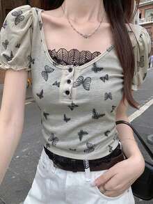蝴蝶蕾絲 2 合 1 方領短袖 T-shirt 短版上衣（隨機蝴蝶）休閒夏季款 - 杏色 - 查看 3