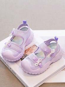 1 Pair Girls' Light Purple Princess Sandals, Decorated With Faux Pearl Bow, Mesh Synthetic Leather Closed Toe Anti-Collision Design, Breathable Non-Slip Thick Sole, Adjustable Hook And Loop, Suitable For Summer Beach, Outdoor And Daily Play - Purple - View 4