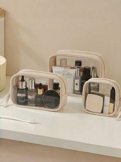 Transparent PU Material Cosmetic Storage Bag, Large Capacity Organizer Bag, Women's Portable Travel Makeup Bag, Makeup Bag, Toiletry Bag, Travel Essential, Cruise Essential, Holiday Essential, Unisex, New Makeup Bag, Portable Travel Cosmetic Storage Bag, Large Capacity Travel Waterproof Visible Skincare And Toiletry Bag
