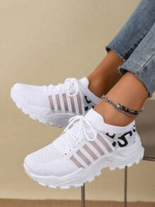Lightweight Mesh Leopard Print Sneakers Lace-Up Style With Cushioned Sole Flexible & Comfortable Ideal For Gym Workouts Walking And Casual Daily Wear. - Upgrade White - View 3