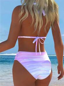Conjunto de bikini triángulo con cuello de halter degradado para mujer, adecuado para vacaciones de verano en la playa - Multicolor - Ver 4