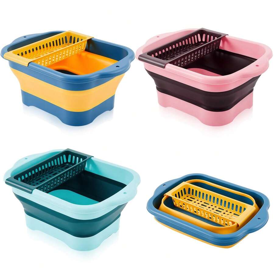 3 Pack Collapsible Dish Basin With Drain Plug 2.77 Gallon (10.5l) Multiuse Foldable Sink Tub Dishpan Wash Basin Portable Kitchen Storage Tray For Camping RV Beverage Bucket - Style 1 - View 1