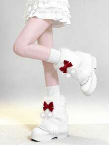 1 Pair Sweet Wine Red Bow & White Fuzzy Leg Warmers (May Have Slight Shedding) - Multicolor - View 9