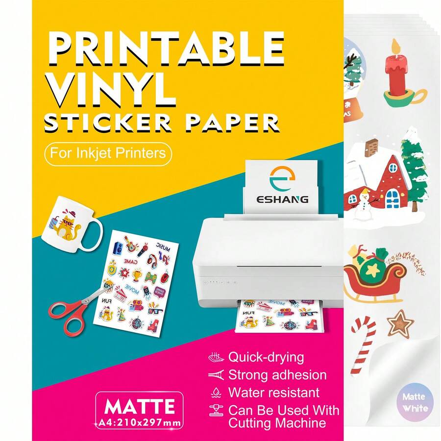Premium Matte White Printable Sticker Paper For Inkjet Printer, Quick Drying, Water Resistant, Scratch Resistant, Sticks To Most Surfaces, 8.3x11.7 Inches, 20/10 Sheets - MATTE - View 1