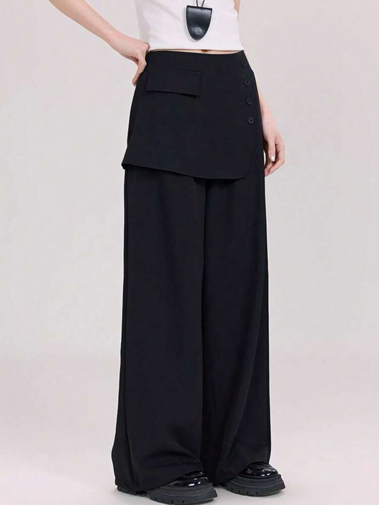 高腰显瘦百搭二合一喇叭裤，时尚韩版设计 - 黑色 - 查看 2