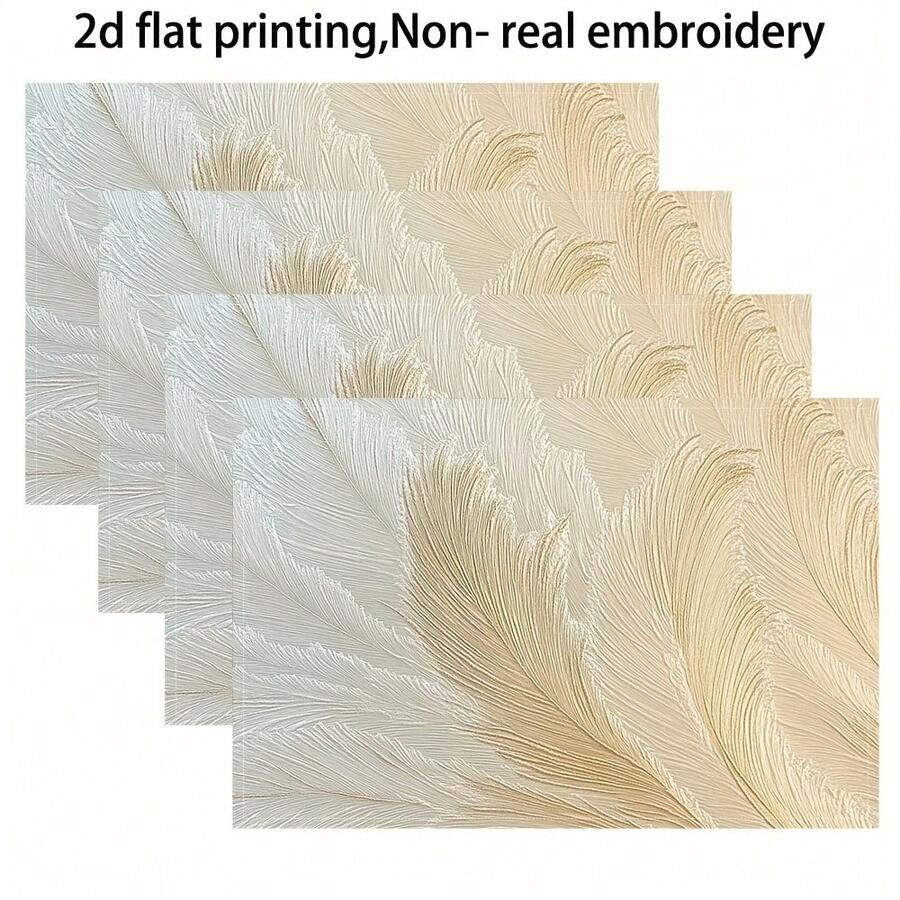 4-Piece Single-Sided 12x18inch Linen Printed White And Beige Feather Pattern Placemats, Suitable For Home Gatherings, Restaurant Decoration, And Dining Etiquette - 4 Pieces - 12*18 Inches - View 1