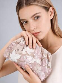 1件女士亮片印花褶皱时尚晚宴包，甜美假日风格手拿包，适合宴会、派对、休闲，时尚女士必备。 - 粉色 - 查看 2