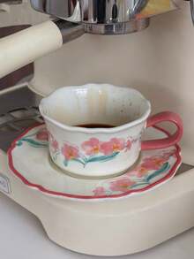 一套INS风粉雾兰花陶瓷咖啡杯碟套装，釉下彩工艺，手绘花卉图案，少女设计，INS风时尚浪漫，手绘粉雾兰花，视觉及使用体验 - 查看 3