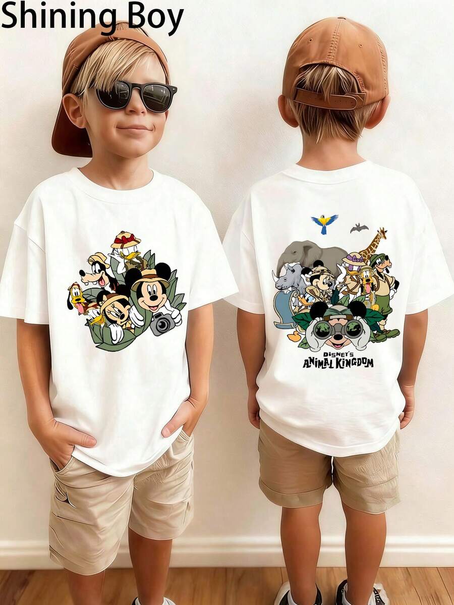Disney Mickey Mouse Family, Animal Photography Themed Cartoon Print, Casual And Simple Short Sleeved T-Shirt, Suitable For Spring And Summer Seasons, Suitable For Both Boys And Girls, Holiday Gift. - White - View 1