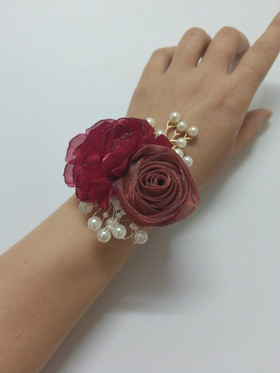 1件优雅腕花手链，饰以苔绿色山茶花和米色玫瑰，串珠设计，适合新娘、伴娘、婚礼、派对、日常佩戴 - 紅色+紅色 - 查看 1