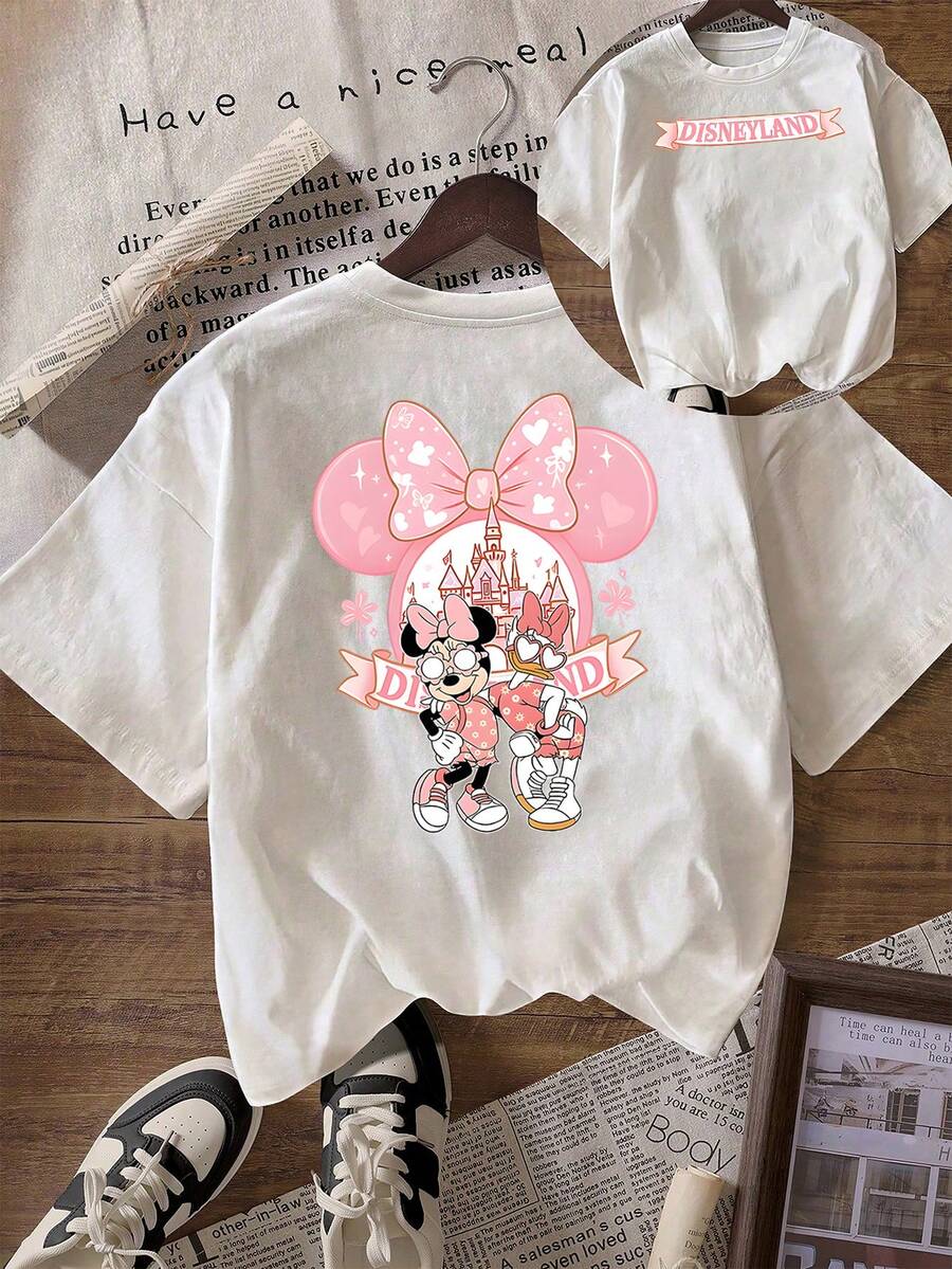 Loose Fit "Disneyland" Pink Minnie Daisy Castle Front And Back Printed T-Shirt, Suitable For Summer And Spring, Short Sleeved Top, Women's Clothing, Holiday Gift Party Clothing. - 白色 - 查看 1