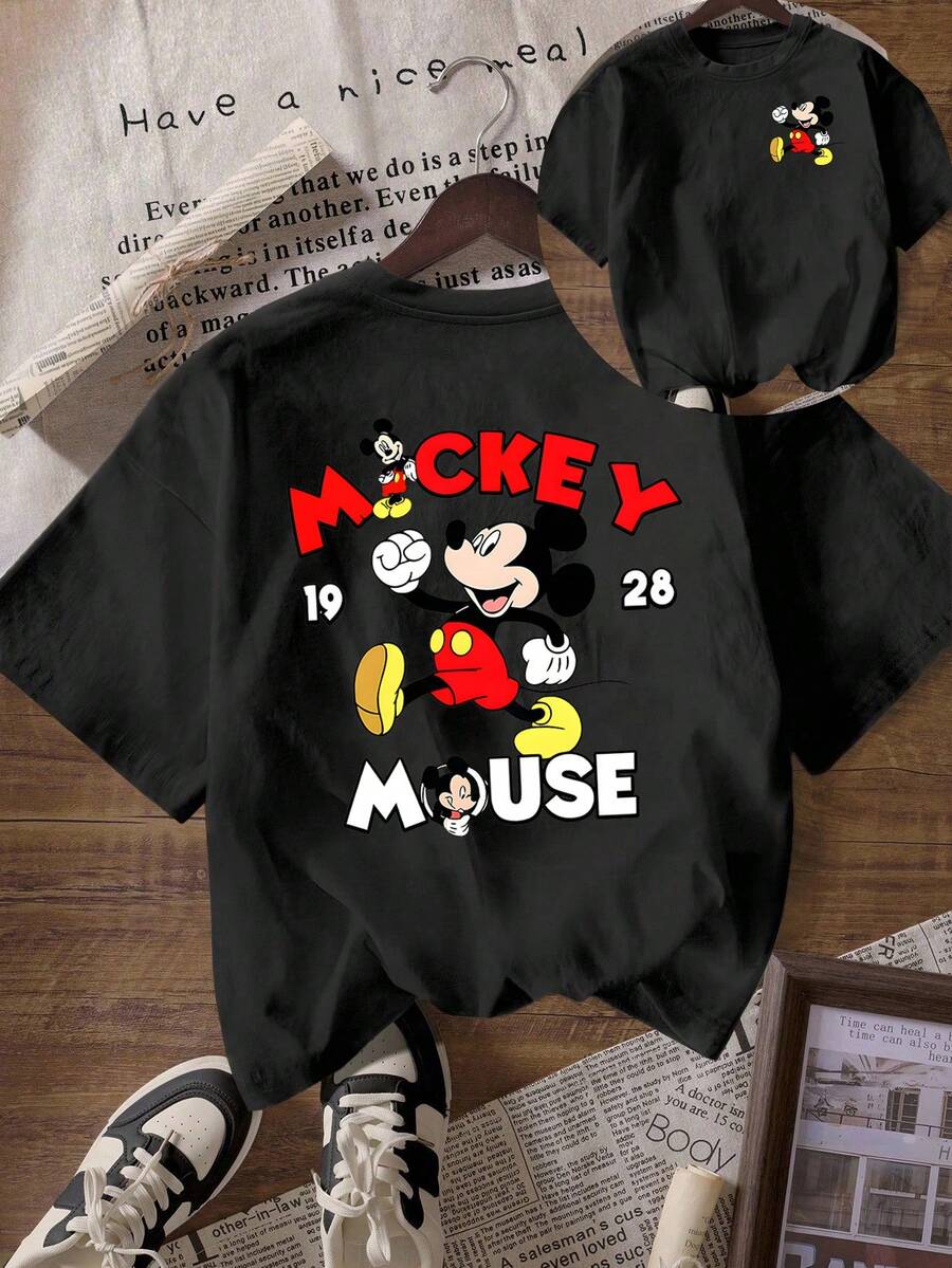 Disney Loose Fit "MICKEY MOUSE 1928" Retro Style Mickey Print T-Shirt, Suitable For Summer And Spring, Short Sleeved Top, Women's Clothing, Holiday Gift Party Clothing. - 黑色 - 查看 1