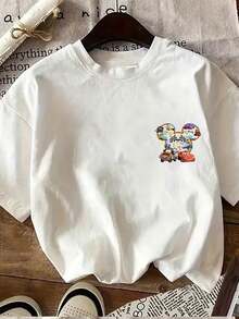 Disney Licensed "Cars" Lightning Mcqueen, Mater, And Other Iconic Racing Characters Double-Sided Printed T-Shirt, Short-Sleeve Round Neck Casual Top, Suitable For Summer And Spring, Short-Sleeve Top, Women'S Clothing - 白色 - 查看 2