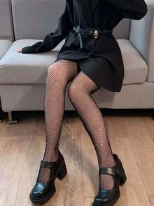 Rhinestone Decor Fishnet Tights - màu đen - Xem 2