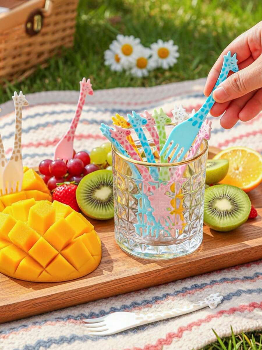 2/12/24pcs Cute Giraffe Fruit Forks, Cartoon Plastic Small Forks, Dessert Cake Forks, Animal Cartoon Fruit Picks, Party Snack Ice Cream Small Forks Suitable For Birthday, Wedding, Festival Parties