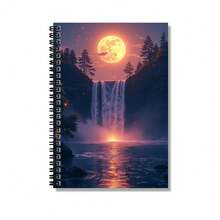 100-Page Dreamy Fantasy Spiral Notebook, Cover Featuring Magnificent Waterfall Under Full Moon, Satisfying Work, Study, And Diary Needs. Ideal For School, Graduation, Birthday Gifts. - L - View 3