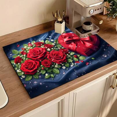 1 tấm lót thấm hút họa tiết hoa hồng, trang trí nhà bếp, lót máy pha cà phê, giá để ráo ấm pha cà phê thủ công, thảm trải sàn nhà bếp, thảm trải bàn, tấm lót chén đĩa chống trượt, chịu nhiệt, thích hợp cho nhà bếp, bàn ăn, quán cà phê, quán bar, ngày lễ, tiệc tùng, trang trí nhà cửa, quà tặng Ngày của Mẹ.