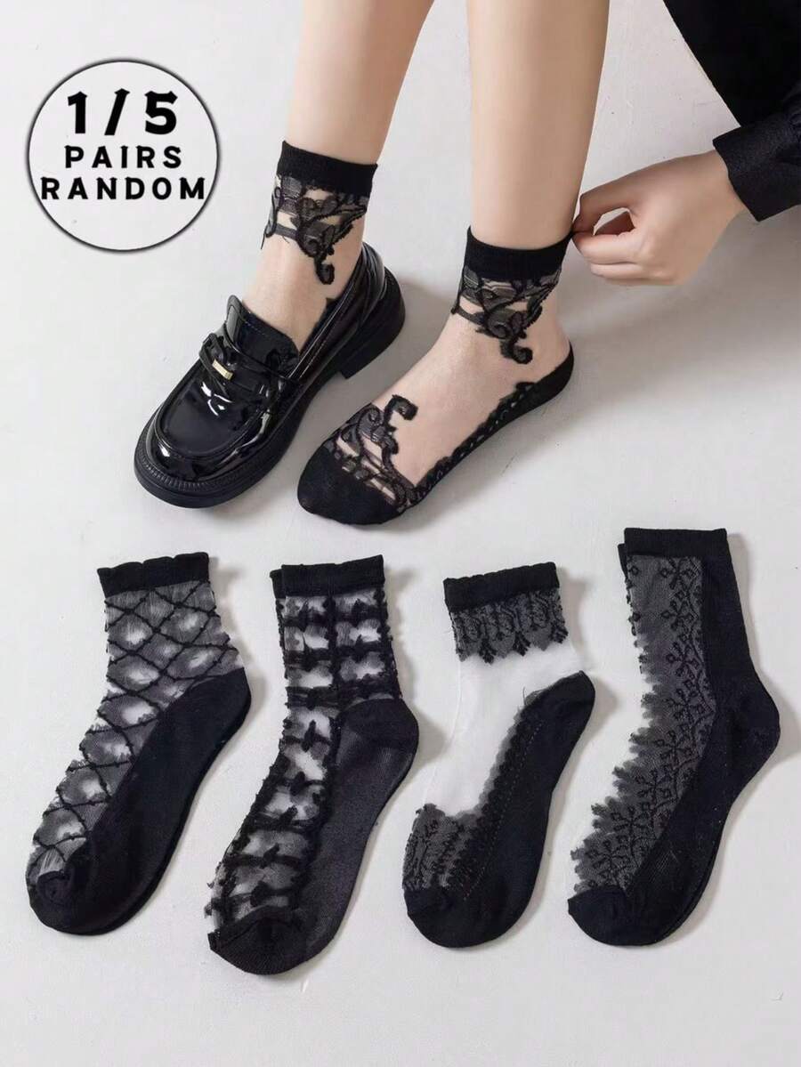 1/5 đôi tất ren xếp ly màu đen ngẫu nhiên, trong suốt, thoáng khí, thích hợp mặc đi học/đại học, tất thời trang cá tính tiện dụng phù hợp cho cả nam và nữ, dự tiệc trong trường, mặc hàng ngày, tất ngắn ren mềm mại và thoải mái cho nam và nữ - màu đen - Xem 1