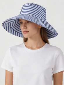 1pc Foldable Striped Bucket Hat, Large Brim Sun Hat For Summer UV Protection, Retro Fashionable Versatile Wide Brim Cap - Striped Hat - View 9