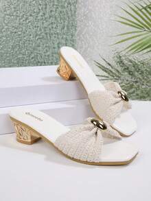 2025 Summer New Black Square Toe Slide Sandals For Women, Woven Bowknot Chunky Heel Mules With Metal Buckle, Comfortable Soft Sole Casual Slip-On Beach Slippers, Fashionable Luxury Vacation Sandals - White - View 6