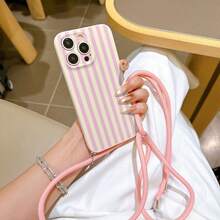 便捷挂绳手机壳，配有可调节挂绳和肩带，亮粉色竖条纹，轻巧防震TPU保护壳，适用于苹果手机 - 粉色 - 查看 4