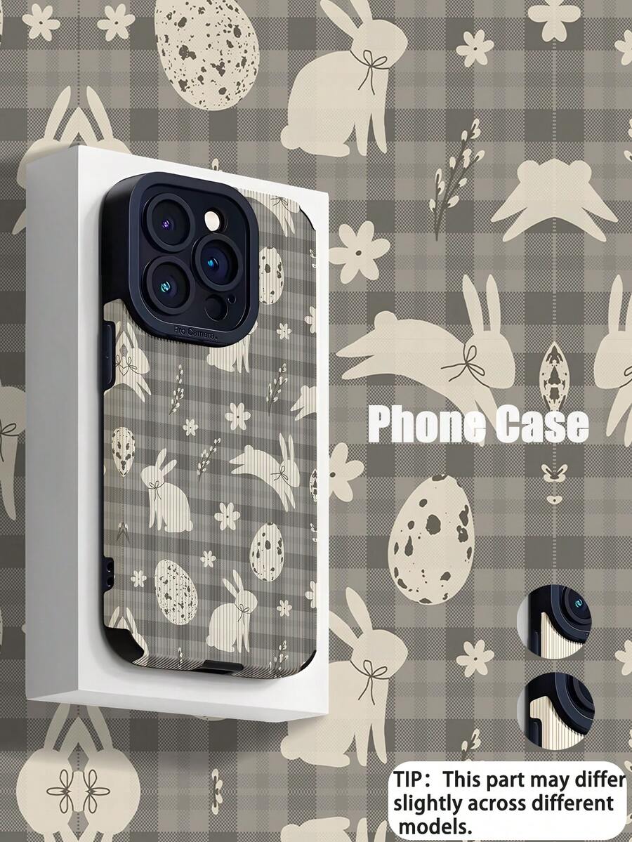 1pc Minimalist Personalized Gray Plaid Bow Rabbit & Egg Pattern Vertical Faux Leather Soft Protective Phone Case, Suitable As Gift For Friends And Couples, Compatible With Apple And Phones 17/17AIR/17PRO/17PROMAX - Multicolor - View 1
