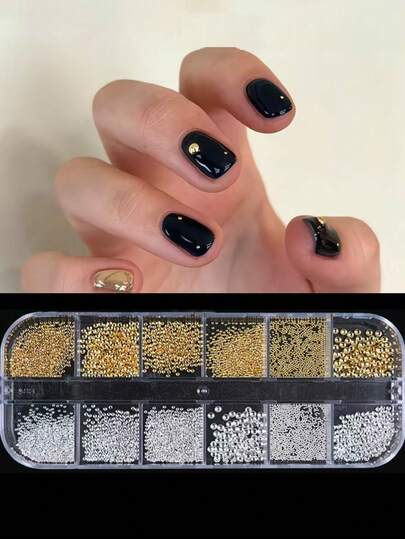 12 rejillas de cuentas de caviar plateadas y doradas, tamaños mixtos, bolas de uñas mini planas, decoraciones de uñas transparentes, accesorios de uñas para salón DIY, suministros de uñas para niñas