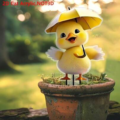 2D Flat 1pc Acrylic Boho Style Cute Duck & Yellow Umbrella Theme Garden Decor, Suitable For Yard, Potted Plants, Lawn And Outdoor Holiday Decoration, 2D Flat Design