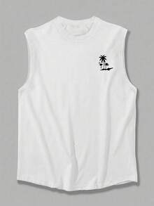 1件男士休闲椰树印花圆领背心，夏季 - 白色 - 查看 2