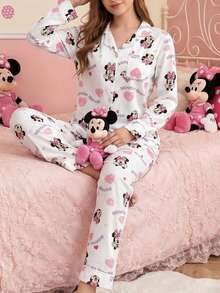 Disney Two Pieces Printed Open-Front Puff Crinkle Casual Long-Sleeved Pants Women's Pajama Set - White - View 5