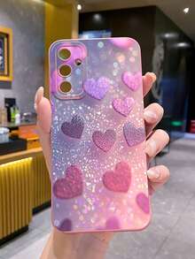 1 pieza Funda de teléfono a prueba de golpes con corazón de diamante de imitación morado, impresa con UV adecuada para modelos /Galaxy/Android - Rosa - Ver 1
