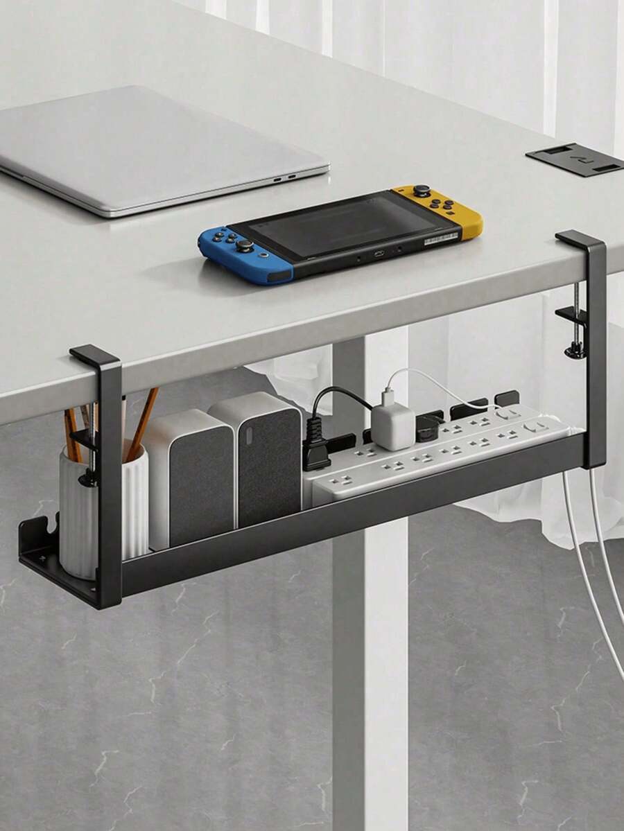 A Metal Mesh Cable Management Tray Under The Table With No Drilling Required, Featuring Clamp-Mounted Cable Management. The Cable Tray Includes A Desk Cable Organizer And A Cable Organizer Under The Table. The Cable Management System Is Adjustable. Suitable For Home Office Standing Desks. - Multicolor - View 1