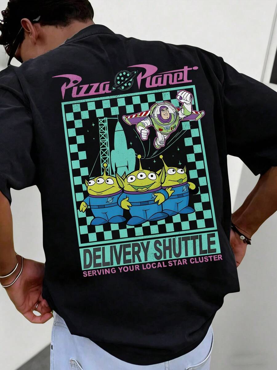 Disney Men's Casual T-Shirt, Pizza Planet Buzz Lightyear Print (Teal Checkerboard), Bold & Playful Design, Ideal For Fans & Casual Gatherings - Black - View 1