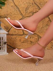 Women's High Heel Thong Sandals, Pink, New Summer Glossy Leather Outdoor Beach Slippers, Minimalist Fashionable Flip Flops - Pink - View 6