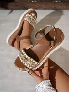 2026 Summer New Thick Bottom Wedge Sandals For Women, Strap Design Suitable With Dresses, French Chic Bohemian Beach Roman Shoes - Brown - View 1