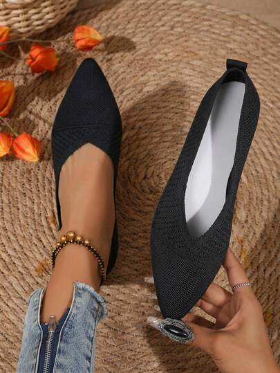 2025新款女士尖头平底鞋 - 黑色针织弹力鞋，低帮尖头显瘦乐福鞋，舒适透气软底一脚蹬鞋，百搭通勤休闲奶奶鞋，编织纹理简约平底鞋