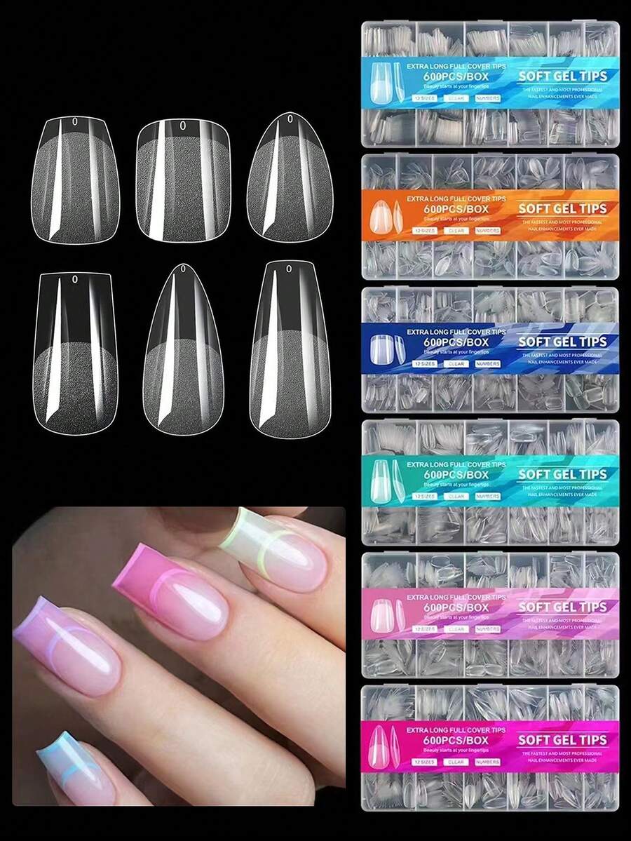 600pcs Almond-Shaped Short Matte Transparent Acrylic False Nail Tips, Semi-Finished Artificial Nails, Suitable For DIY Manicure, Press-On Nails And Other Nail Art Supplies - Multicolor - View 1