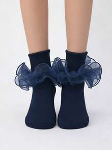 1 Pair Girls/Kids Ruched Floral Lace Trim Princess Socks - Navy Blue - View 3