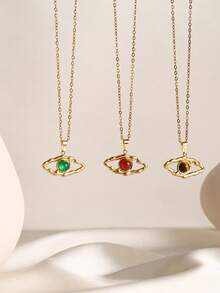 1pc Fashionable Retro 18K Gold Plated Stainless Steel Mysterious Guardian Devil's Eye Inlaid Tiger Eye & Green Natural Stone Pendant Necklace, Hypoallergenic, Suitable For Women's Daily, Party, Vacation, Layering, And Holiday Gifts - Gold - View 1