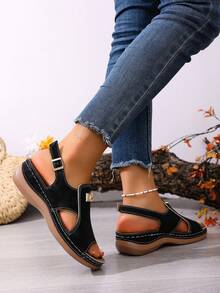 2026夏季新款时尚露趾沙滩凉鞋，厚底坡跟休闲凉鞋，女士款 - 黑色 - 查看 4