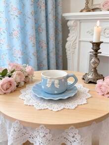 1pc 350ml Cute Blue Ceramic Cup Saucer Set With 3D Bow, Star Moon Embossment For Coffee Tea - Multicolor - View 9