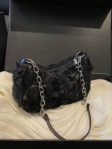 独特小众新款玫瑰蕾丝晚宴链条包，时尚别致的女孩单肩腋下包 - 黑色 - 查看 6