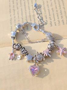 1pc Vacation Style Charm Bracelet With Sakura, Starfish, Pink Heart, Turtle, Butterfly, Coconut Tree Charms - Silver - View 9