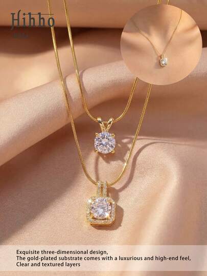Hihho 2pcs High-End Four-Claw Round Diamond Paved Square Pendant Necklace, Commuting & Dating Atmosphere, Stereoscopic And Exquisite, Gold-Plated Base With Luxurious Feel, Layered And Textured, Can Be Worn Separately Or Stacked