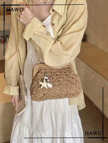 Starfish & Seashell Straw Clutch With Chain Strap | Summer Beach Vacation Essentials - Khaki - View 2