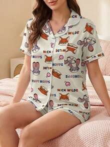 Disney 2pcs Animal City Series Printed Comfortable Satin Cute Casual Matching Short Sleeve Button-Up Shirt And Elastic Waist Shorts Pajama Set For Women, Soft And Breathable Fabric Suitable For All Seasons - Beige - View 1
